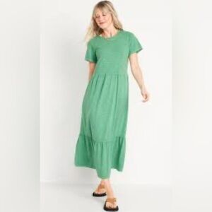 Old Navy Midi Tiered Slub Knit Short Sleeve Green Dress Women’s Small Summer